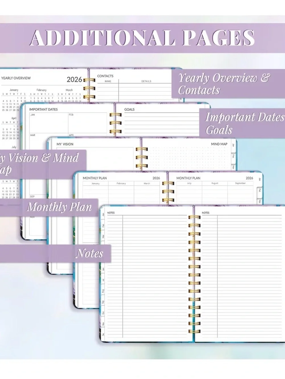 2026 Marble Effect Spiral Planner - Teal & Gold
